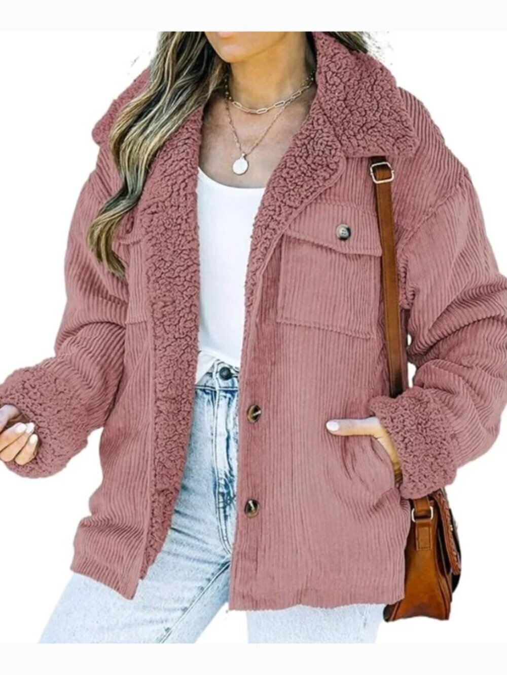 DOKOTOO Corduroy Sherpa Jacket Rose Mauve Pink Fleece Lined Preppy Fall Jacket L